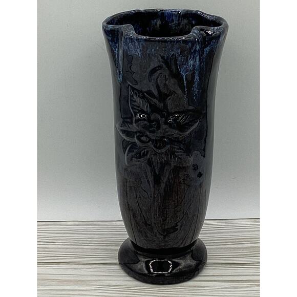 Vintage Van Briggle Rare 8" Black And Navy High Gloss Vase - Picture 1 of 5